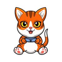 Cute orange tabby cat cartoon holding food bowl vector