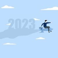 concepto de idea de lluvia de ideas, año nuevo 2023 con lanzamiento de cohete creativo, plan de negocios inspirador, estrategia de marketing, trabajo en equipo, ilustración vectorial. vector