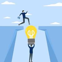 Teamwork concept,Businessman holding light bulb bridging the gap for partner walking across cliff, business support and teamwork vector concept