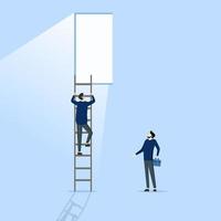 Concept of hope to solve problems, businessman climbing stairs towards exit shining bright. challenge to overcome difficulties or courage to run away for freedom, hope to overcome fear concept. vector