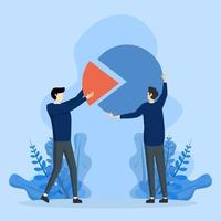 market distribution concept, businessman holding part of a pie chart metaphor holding stock shares, Company shareholder, investor or owner holding a percentage or the company's stock assets. vector