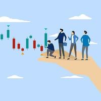 concept of buying stock. analyze stock trading. People placing stock trading charts on long hands with the help of hands. Business flat concept vector illustration.