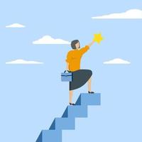 Concept of success in business, confident smart businesswoman climbing ladder to top to achieve valuable star prize, achieving or achieving business goal, reward and motivational concept. vector