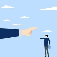 Employee conflict direction concept, small businessman standing in front of giant hand pointing in opposite direction. argument between coworkers, roads agree or opposite, decision problem concept. vector