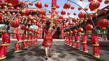 asiatische frau im roten cheongsam qipao kleid, das laterne hält, während sie den chinesischen buddhistischen tempel während des neuen mondjahres für traditionelles kulturkonzept besucht video