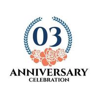 Logotipo del tercer aniversario con corona de rosa y laurel, plantilla vectorial para celebración de cumpleaños. vector