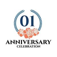 01st anniversary logo with rose and laurel wreath, vector template for birthday celebration.