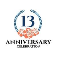 13th anniversary logo with rose and laurel wreath, vector template for birthday celebration.