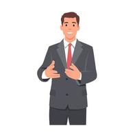 Business man manager in formal suit standing doing demonstrating, showing or presenting gesture with both hands. Salesman speaking. Flat vector illustration isolated on white background