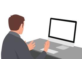 joven trabajando y hablando con alguien en una computadora. vista desde su espalda con pantalla en blanco. ilustración vectorial plana aislada sobre fondo blanco vector