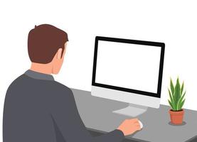 Young man working on a computer. View from his back with blank screen. Flat vector illustration isolated on white background