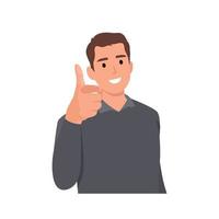 Young man telling You and pointing finger at viewer with thumbs up. Flat vector illustration isolated on white background