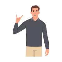 Young man gesturing, doing or making rock and roll symbol or sign with hands up with crazy expression. Flat vector illustration isolated on white background