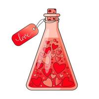 Chemistry flask with hearts and love poison valentines day icon isolated on white background. Flat design cartoon style vector illustration.