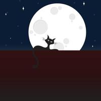 Black cat sitting on the wall in moon night, minimal background, vector