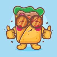 mascota de personaje de comida burrito inteligente con gesto de mano pulgar arriba dibujos animados aislados en diseño de estilo plano vector