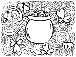 Coloring page with clover shamrocks and pot of coins, symbols of Patrick's day with intricate patterns for festive activity vector