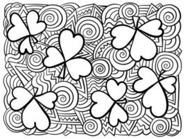 Coloring page with clover shamrocks and fantasy patterns, symbols of Patricks day for holiday activity vector