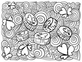 Coloring page with clover shamrocks and coins for luck, symbols of Patrick's day with ornate patterns for festive activity vector