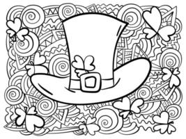 Leprechaun hat with clover shamrocks and ornate spirals and waves, meditative coloring page for St. Patrick's Day vector