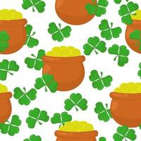 Seamless pattern with a pot of coins and a clover shamrock on a white background vector