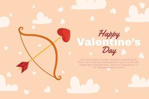 St. Valentine's Day background design with Bow and arrow with a heart-shaped arrowhead, clouds and heart around on beige back. Greeting card vector