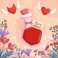 St. Valentine's Day design with Love potion bottle two heart with wings demon and angel, flower frame on beige back. Greeting card, square social media post template vector