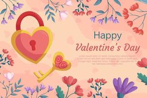 S t. diseño de fondo del día de san valentín con candado y llave en forma de corazón, color dorado y rosa con marco floral. tarjeta de felicitación, corazones decorativos en la parte posterior vector