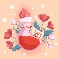 St. Valentine's Day design with Love potion bottle concept illustration with red and pink flowers behind it on beige backdrop. Greeting card vector