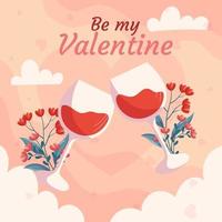 St. Valentine's Day design with Two glass of wine with flowers behind it on beige back white clounds.. Greeting card, square social media post template vector