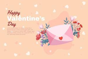St. Valentine's Day background design with Pink closed envelop, red and pink flowers green leaves on beige backdrop. Greeting card vector