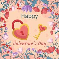 St. Valentine's Day design with Lock and key in heart shape, gold and pink color with floral frame. Greeting card, square social media post template vector