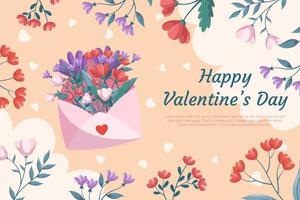 St. Valentine's Day background design with pink open envelop red flowers with green leaves on beige backdrop. Concept with decorative clouds and hearts on the back, floral frame around vector