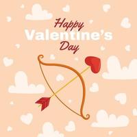 St. Valentine's Day design with Bow and arrow with a heart-shaped arrowhead, clouds and heart around on beige back. Greeting card, square social media post template vector