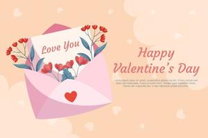 St. Valentine's Day background design with pink open envelop, letter with words Love You and red flowers with green leaves on beige backdrop. Concept with decorative clouds and hearts on the back. vector