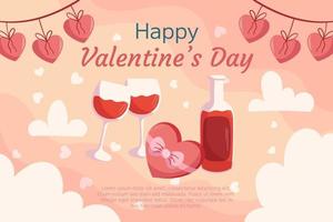 St. Valentine's Day background design with Bottle and two glass of wine, box with chocolatte in heart shape with ribbon, hearts garland on top. Greeting card vector