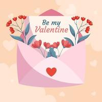 St. Valentine's Day square template design with pink open envelop, letter Love You and red flowers green leaves beige backdrop. Concept for social media with decorative clouds and hearts on the back. vector