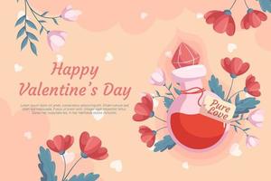 S t. diseño de fondo del día de san valentín con ilustración de concepto de botella de poción de amor con flores rojas y rosas detrás de él sobre fondo beige. tarjeta de felicitación, corazones decorativos y nubes en la parte posterior vector