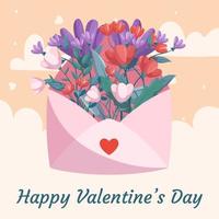 St. Valentine's Day illustration design with pink open envelop red flowers with green leaves on beige backdrop. Concept with decorative clouds and hearts on the back. Greeting card vector