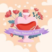 St. Valentine's Day design with Love potion bottle concept illustration with red flowers behind it with ribbon on beige backdrop. Greeting card, square social media post template vector