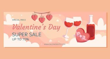 St. Valentine's Day horizontal Super Sale banner template design. Bottle and two glass of wine, box with chocolatte in heart shape with ribbon, hearts garland on top. Special Price online shopping vector