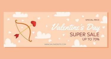 S t. diseño de plantilla de banner de súper venta horizontal del día de san valentín. arco y flecha con punta de flecha en forma de corazón, nubes y corazón alrededor de la espalda beige. precio especial compras en linea vector