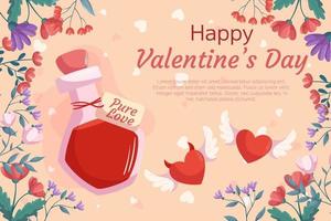 St. Valentine's Day background design with Love potion bottle two heart with wings demon and angel, flower frame on beige back. Greeting card vector