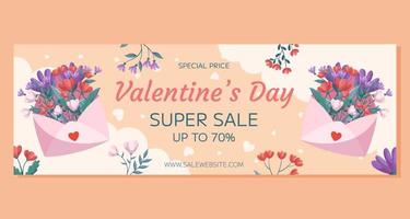 St. Valentine's Day horizontal Super Sale banner template design. Pink open envelop red flowers green leaves on beige backdrop floral frame. Special Price  online shopping, decorative clouds, hearts vector