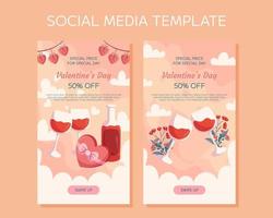 Valentine's Day vertical social media stories template design. Bottle and two glass of wine, box with chocolatte in heart shape with ribbon, hearts garland, flowers. Special Price online shopping vector