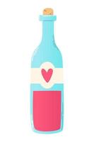 Hand drawn bottle of wine with heart on the label in flat style. vector