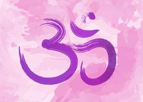 Om, Aum colorful symbol, purple watercolor style. Om ink icon Chinese Calligraphy. Samsara logo design. Vector isolated on pink background