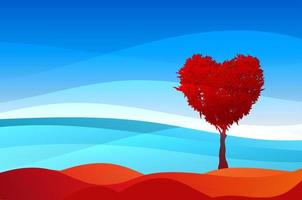 Tree in the shape of heart, valentines day background, vector fantasy landscape, banner template