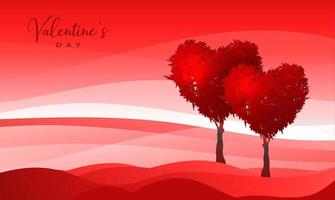 Trees in the shape of red heart, valentines day background, vector fantasy landscape, couple of trees symbol of love banner template