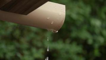 Rainwater dripping from a gutter. In slow motion video